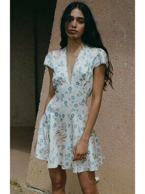 DOEN Dianne Silk Floral Babydoll Dress Sz M Cream Flirty Coquette Mini